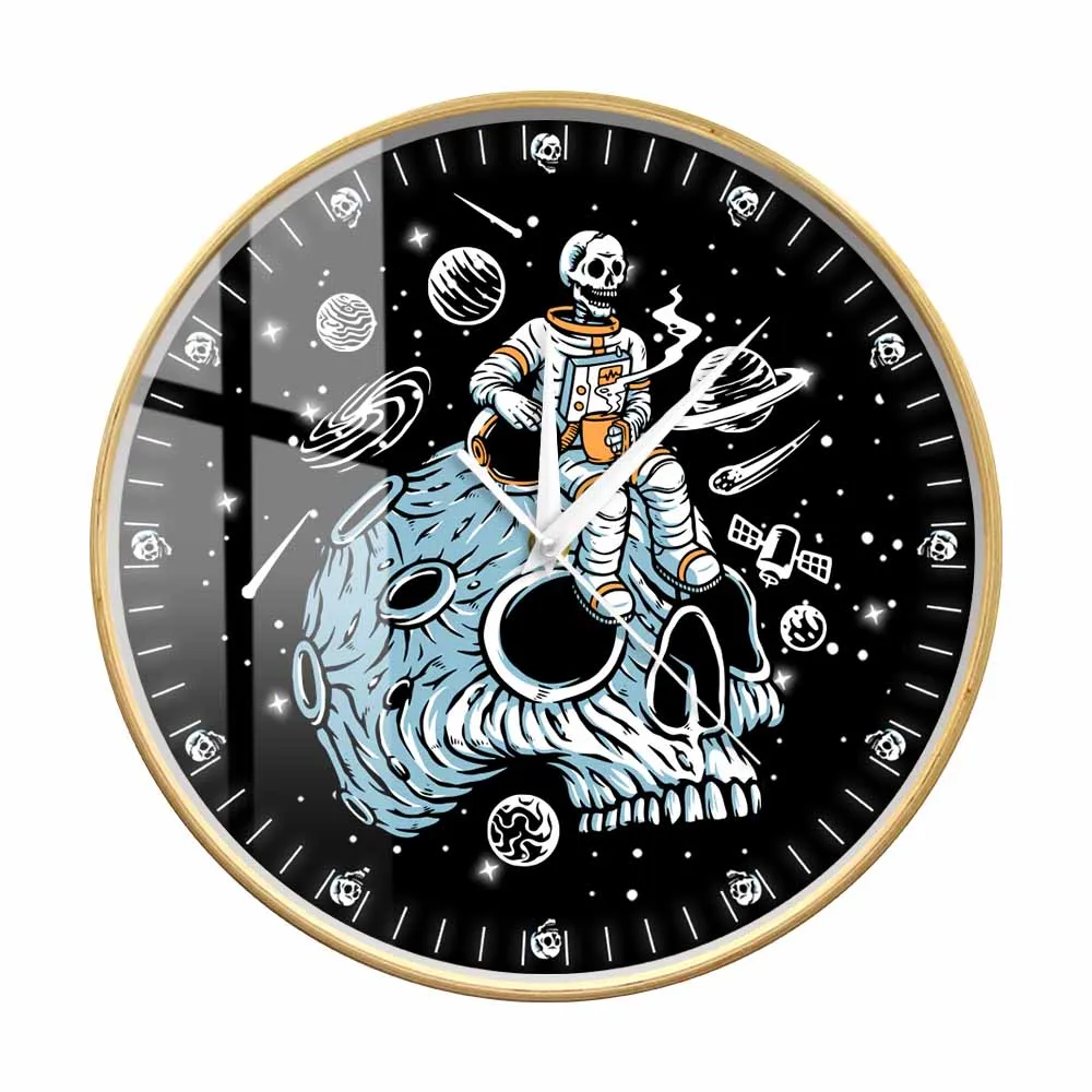 Astronauts Drinking Coffee On Skull Planet Modern Design Wall Clock Halloween Home Space Galaxy Outer Space Skeleton Wall Watch