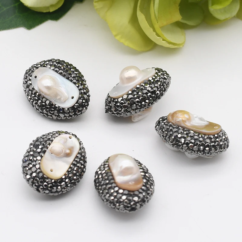 5pcs/lot 20x25mm Freshwater Cultured White Keshi Pearl Irregular Oval shape Trimmed With Crystal Zircon Making DIY