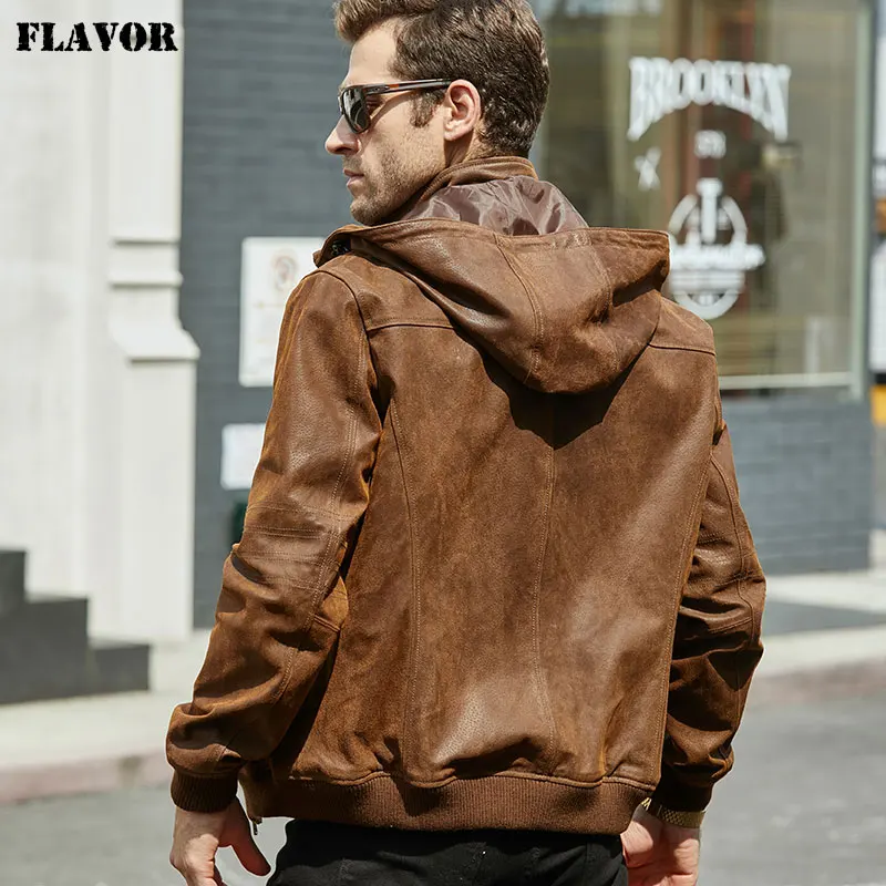 FLAVOR Men's Winter Jacket Genuine Leather Pigskin With Hood