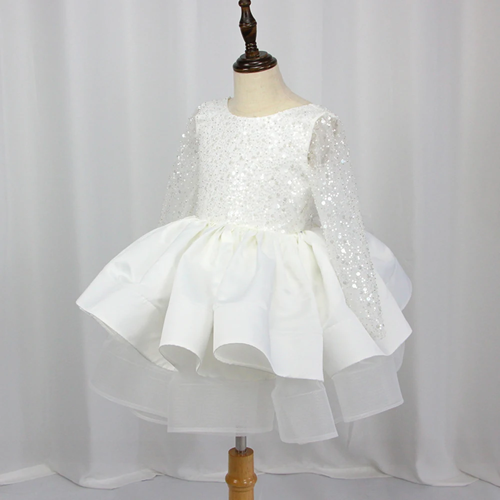 Gorgeous White Flower Girl Dresses Beaded Long Sleeves Girl Pageant Gowns Ruffles Ball Gowns Kids Princess For Wedding Birthday