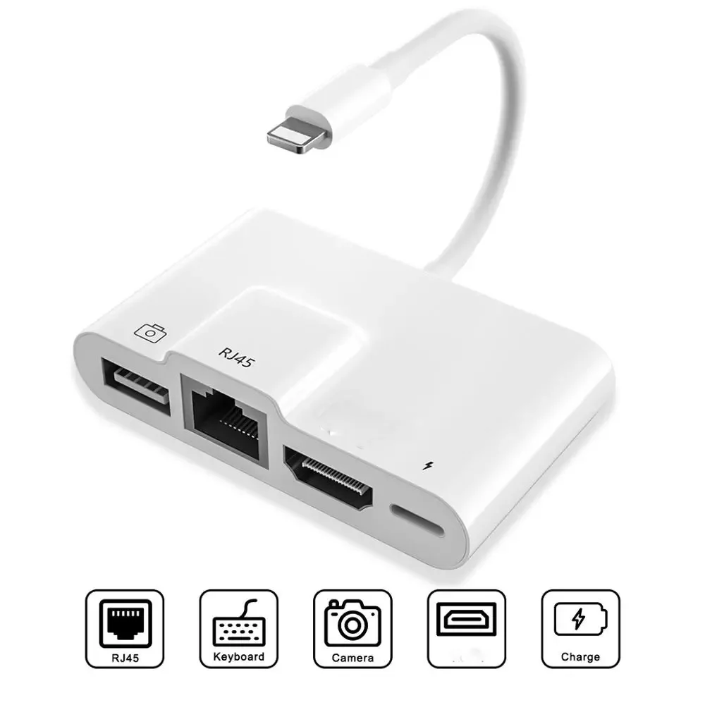 4 in1 USB Adapter OTG Lightning to Rj45 HDMI-Compatible 4K TV Micro Usb Hub Charging Converter for iPhone/ iPad