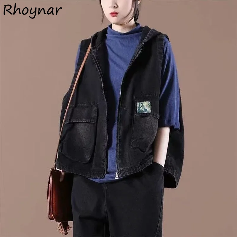 

Vests Women Hooded Spring Vintage Pockets Lady Elegant Soft Ulzzang Zipper Arrival Design Denim Sleeveless Autumn Clothing New