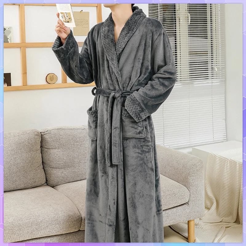 

Winter Nightdress Men's Bathrobe For Home Wear Casual Coral Fleece Kimono Man Sleepwear Warm Couple Flannel Belt Nightgown Gown