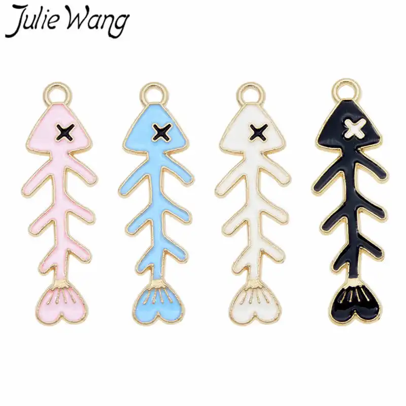 Julie Wang 8PCS Enamel Fish Bone Charm Alloy Fishbone Necklace Bracelet Earring Findings Jewelry Making Accessory