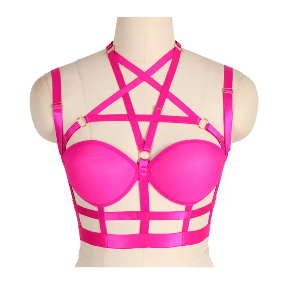 

Women Lingerie Harness Bra Pentagram Frame Cage Breast Full Cup Top Elastic Halloween Rave Sexy Body Harness Gothic Bustier