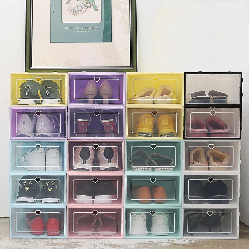 6pcs Fold Plastic Shoe Boxes Storage Box Shoes Box Thickened Dustproof Shoe Organizer Box Superimposed Combination Shoe Cabinet