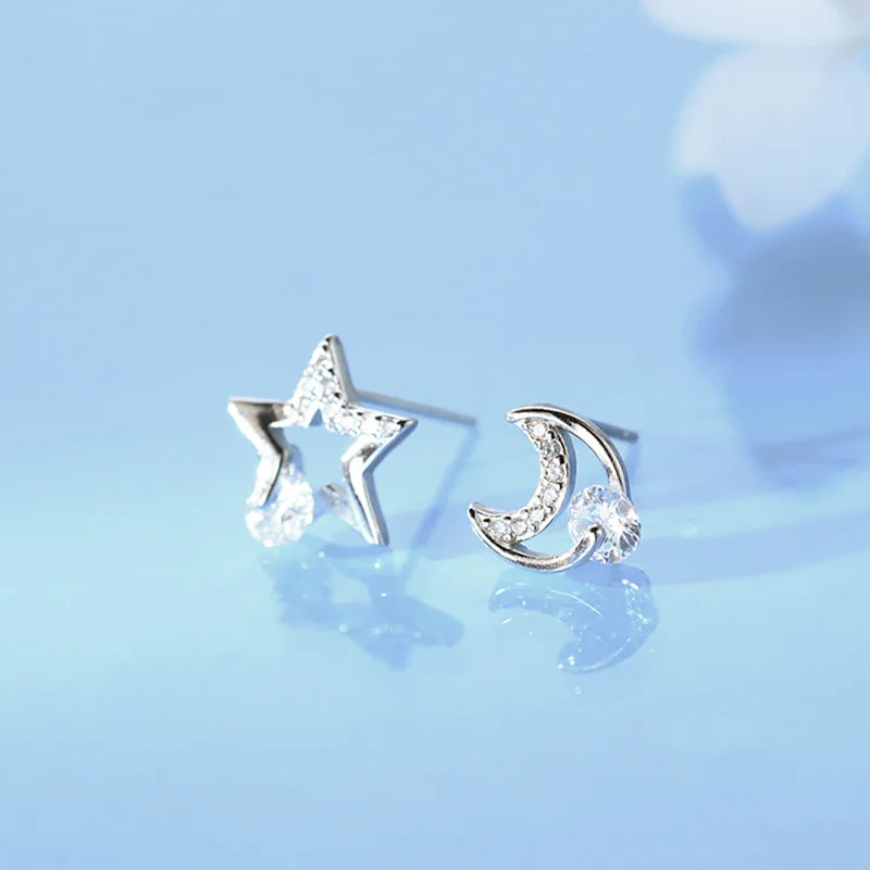 Fashion Simple Stars Moon Stud Earrings for Women's White CZ Crystal Earrings Asymmetry Earrings Fine Jewelry Girls Gifts