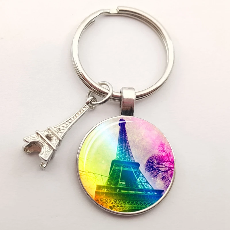 Romantic Paris Eiffel Tower Key Chains Art Lady Wander Drawing Design Glass Pendant Cute Keychain Keyring Women Bag Jewelry