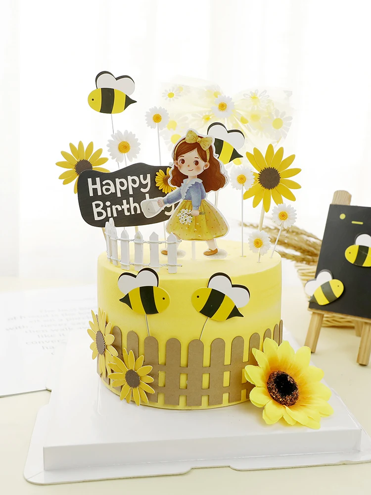 Cakelove Ins Sunflower Girl Decorations Bees Flower Fencing Cake Topper for Children‘s Day Party Supplies Birthday Dessert Cute