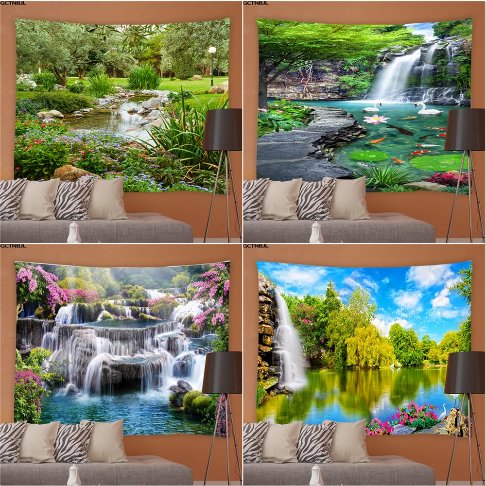 3D Natural Scenery Wall Tapestry Hippie Large Hanging Tapestries Forest Waterfall Landscape Bedroom Dormitory Garden Home Decor