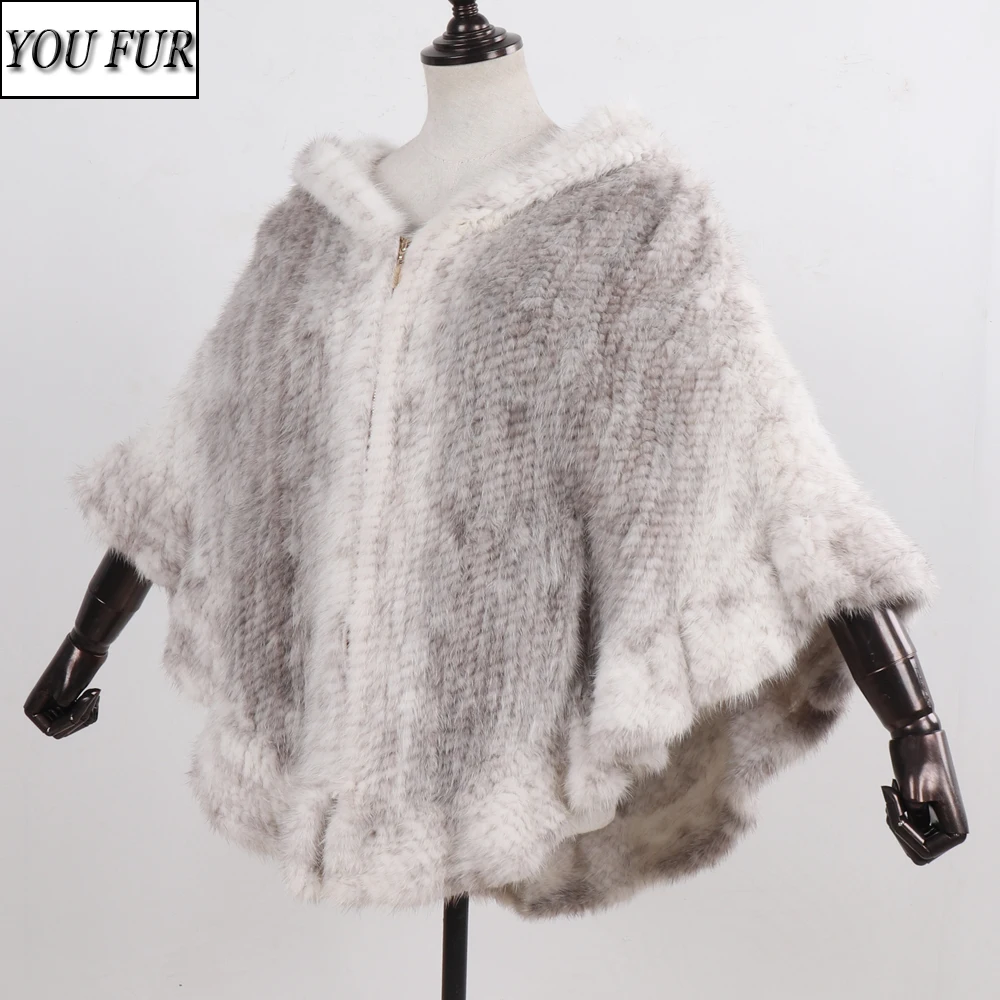 

New style Lady Genuine Mink Fur Shawl Hand Knitted Real Mink Fur Poncho Women 100% Natural Hooded Winter Mink Fur Pashmina Coat