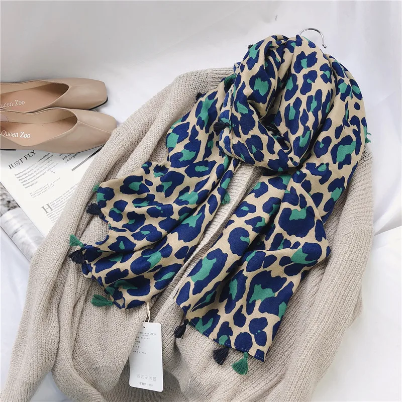 New Women Autumn Cotton Viscose Tassel Scarf Turquoise Leopard Dot Spain Style Wrap Pashminas Stole Muslim Hijab Sjaal 180*100cm