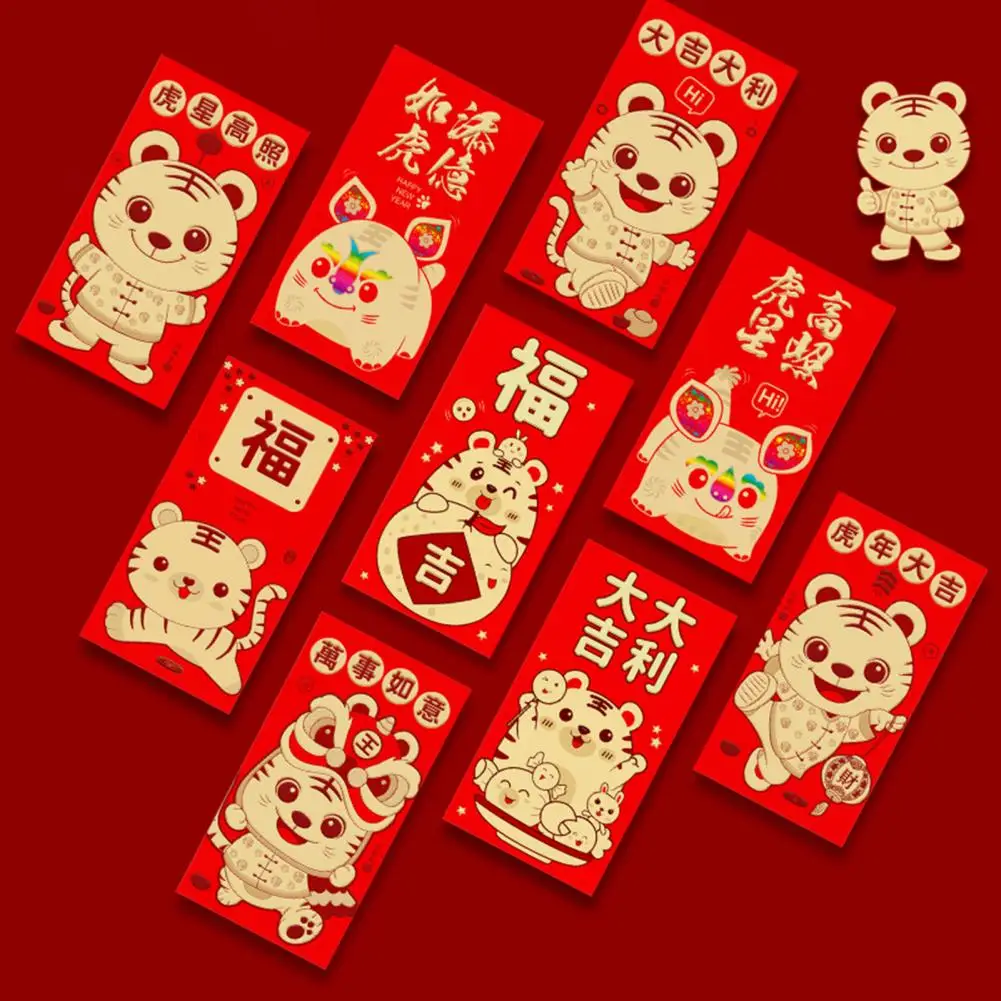 Juego de 6 unids/set de papel de bolsillo rojo con efecto 3D, sobre Rojo, patrón de Tigre, bolsa de dinero de la suerte, estampado en caliente, bolsillo rojo para Festival de Primavera