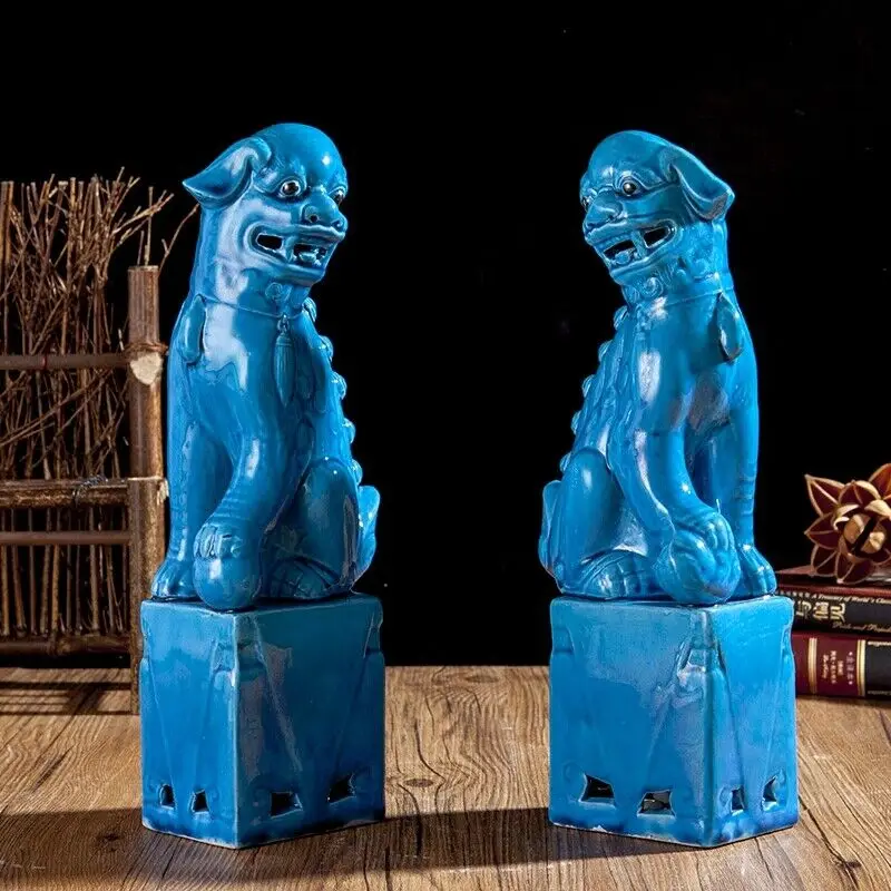 Chinese Jingdezhen Ceramics Porcelain Blue Foo Fu Dog Guardion Lion Statue Pair