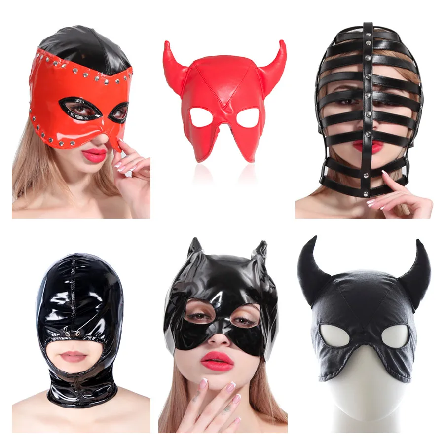 Exotic Sexy Accessories of Wetlook Leather Fetish Eye Mask Hood for Women Cosplay Flirting Costumes