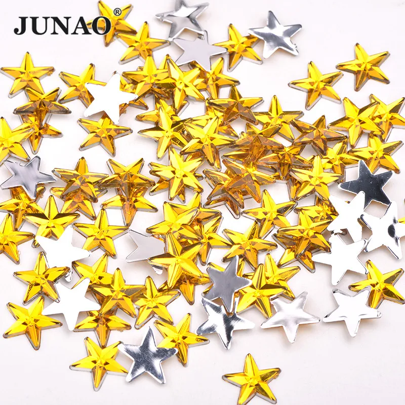 JUNAO 100pc 10mm Yellow Color Star Shape Nail Crystal Rhinestones Flatback Acrylic Strass Decoration for Nails Art Craft