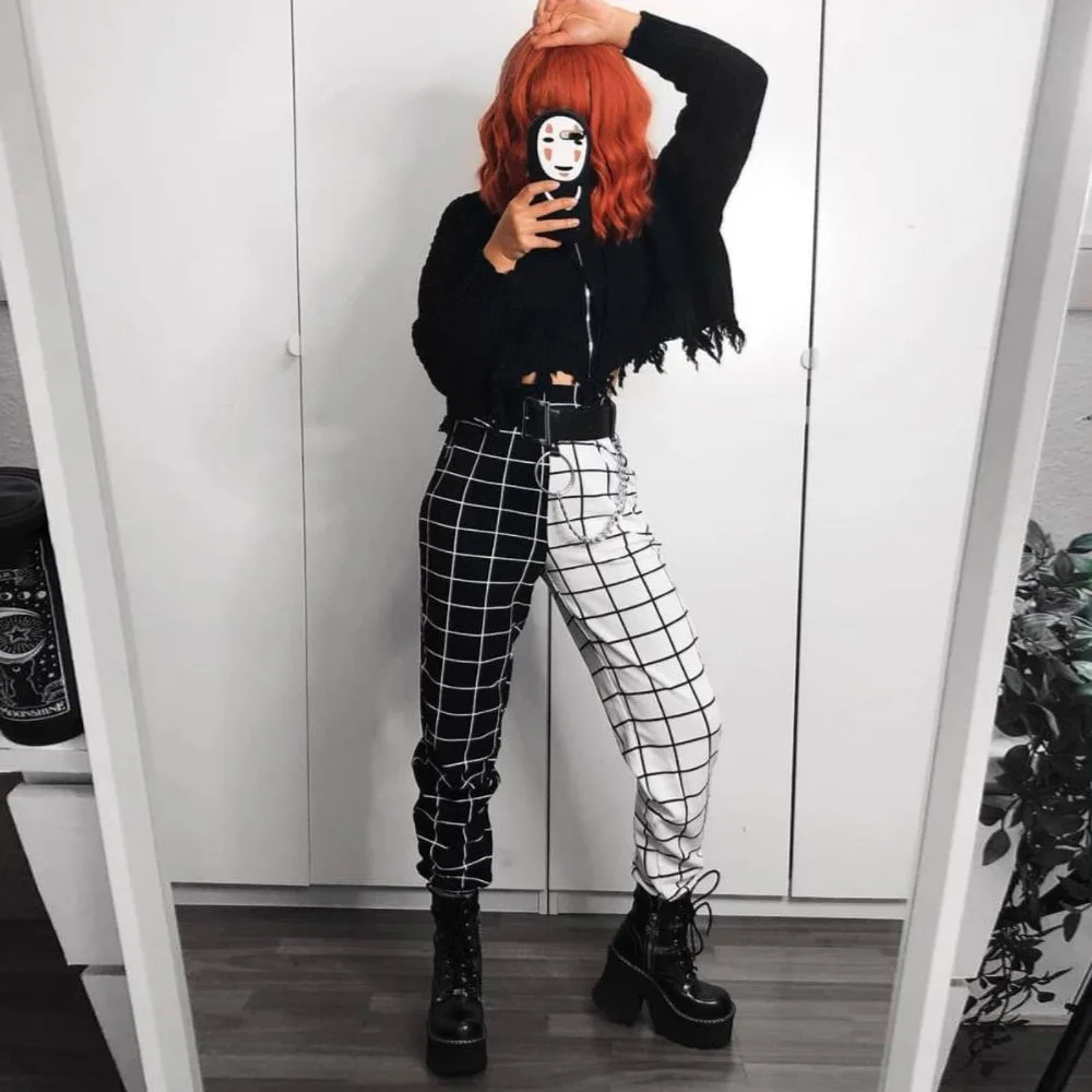 Contrast Cargo Pant For Women Loose Hight Waist Plaid Jogging Trousers Sporty Pants Elasticity Sportpants  Summer