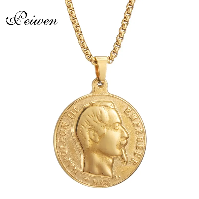 Napoleon III Empereur Coin Pendant Necklace For Women Men Stainless Steel Necklaces Gold Silver Color Choker Anniversary Jewelry