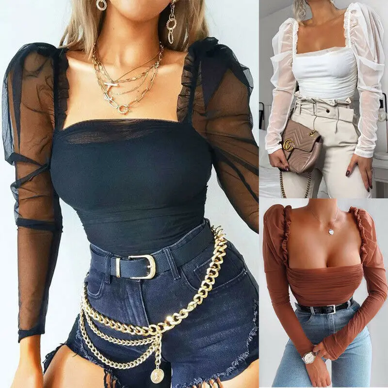 Women Sexy Casual Solid Color Mesh Patchwork Puff Sleeve Ruched Blouse Square Neck Blouse Ladies Casual Top