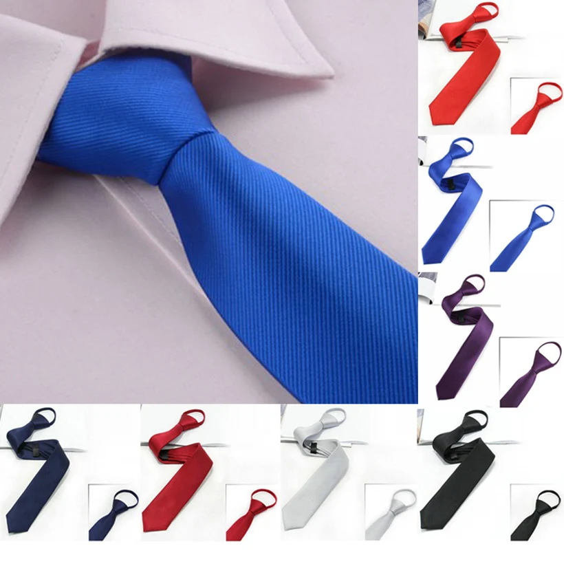 Men Pre-tied Zipper Neck Tie Skinny Solid Easy Narrow Bridegroom Party Male Dress Engagement Necktie Black Red Silver Color 2021