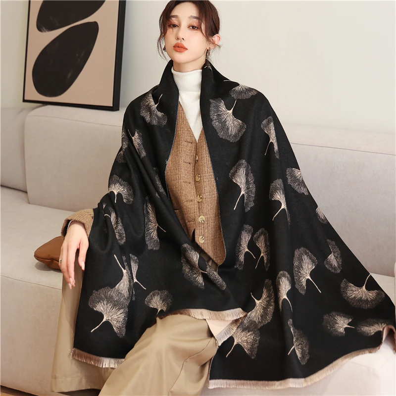 New Ginkgo Print Cashmere Blend Scarves Shawls Ladies Thick Large Size Pashmina Tassel Mujer Bufanda Spring Autumn Wraps Hijab