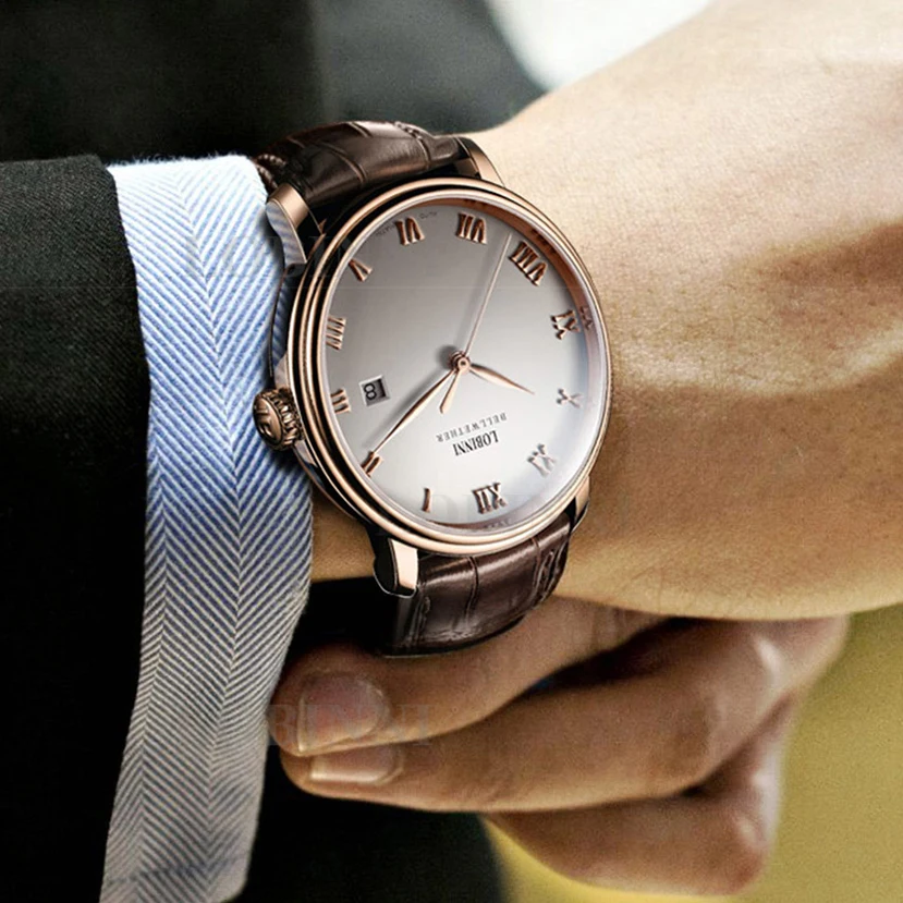 LOBINNI Роскошные автоматические механические часы с корпусом из розового золота, деловые часы с датой, водонепроницаемые часы с сапфировым стеклом