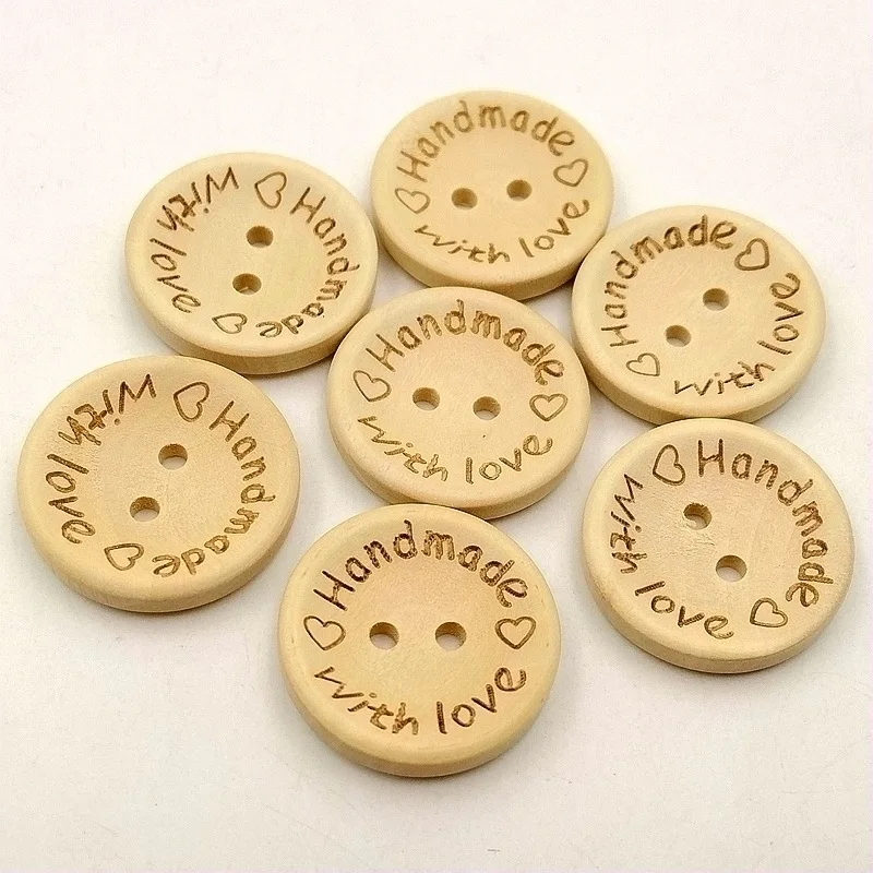 50Pcs 15 20 25mm Wooden Button Natural Color 2-Hole On Clothes Button Accessories Handmade with love Sewing DIY Garment Supplies