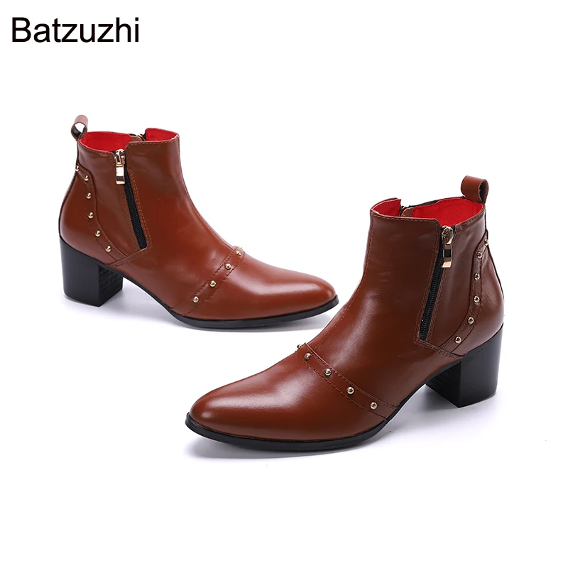 

Batzuzhi 7.5cm High Heels Men Boots Men Brown Genuine Leather Ankle Boots Men Pointed Toe Rivets Zip Party/Knight Boots Men!