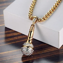 New Personality Gold-Plated Microphone Necklace Man Woman Hip Hop Rock-Encrusted Microphone Pendant Accessories Party Jewelry