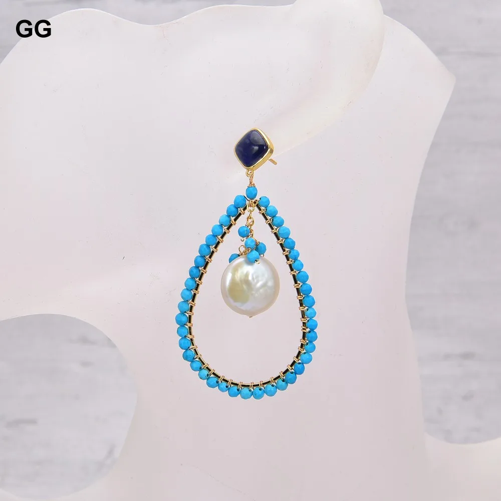 GuaiGuai Jewelry Teardrop Blue Turquoise White Coin Pearl Blue Sodalite Dangle Stud Earrings