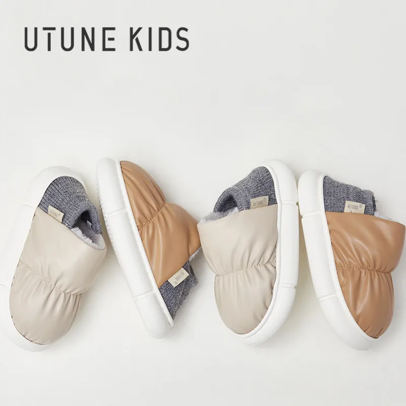 UTUNE KIDS  Toast Slippers Children Winter Kids Shoes For Girls Boys Warm Plush PU Non-slip Slipper  Heel Wrap House Flat