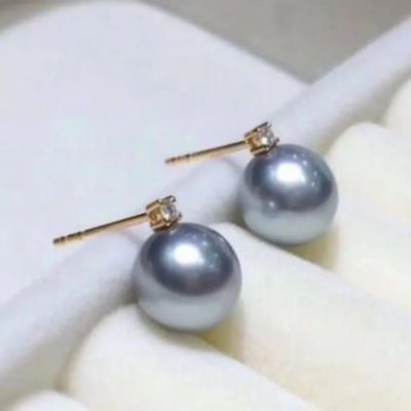 

free shipping>>>>noble jewelry gorgeous AAA9-10mm round south sea grey pearl earring 18k