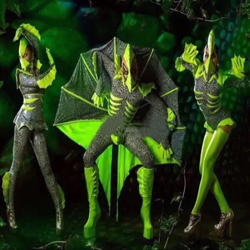 Fluorescent green lizard bat cosplay costume men women party DJ stage dance wear