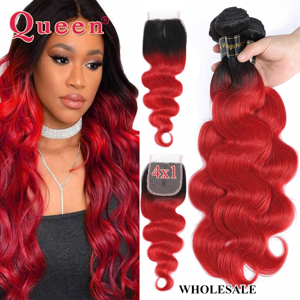 Body Wave Bundles With Closure Brizilian 1B/Red Ombre Human Hair Bundles With Closure Remy 4x1 T Part Bundles With Closure Queen