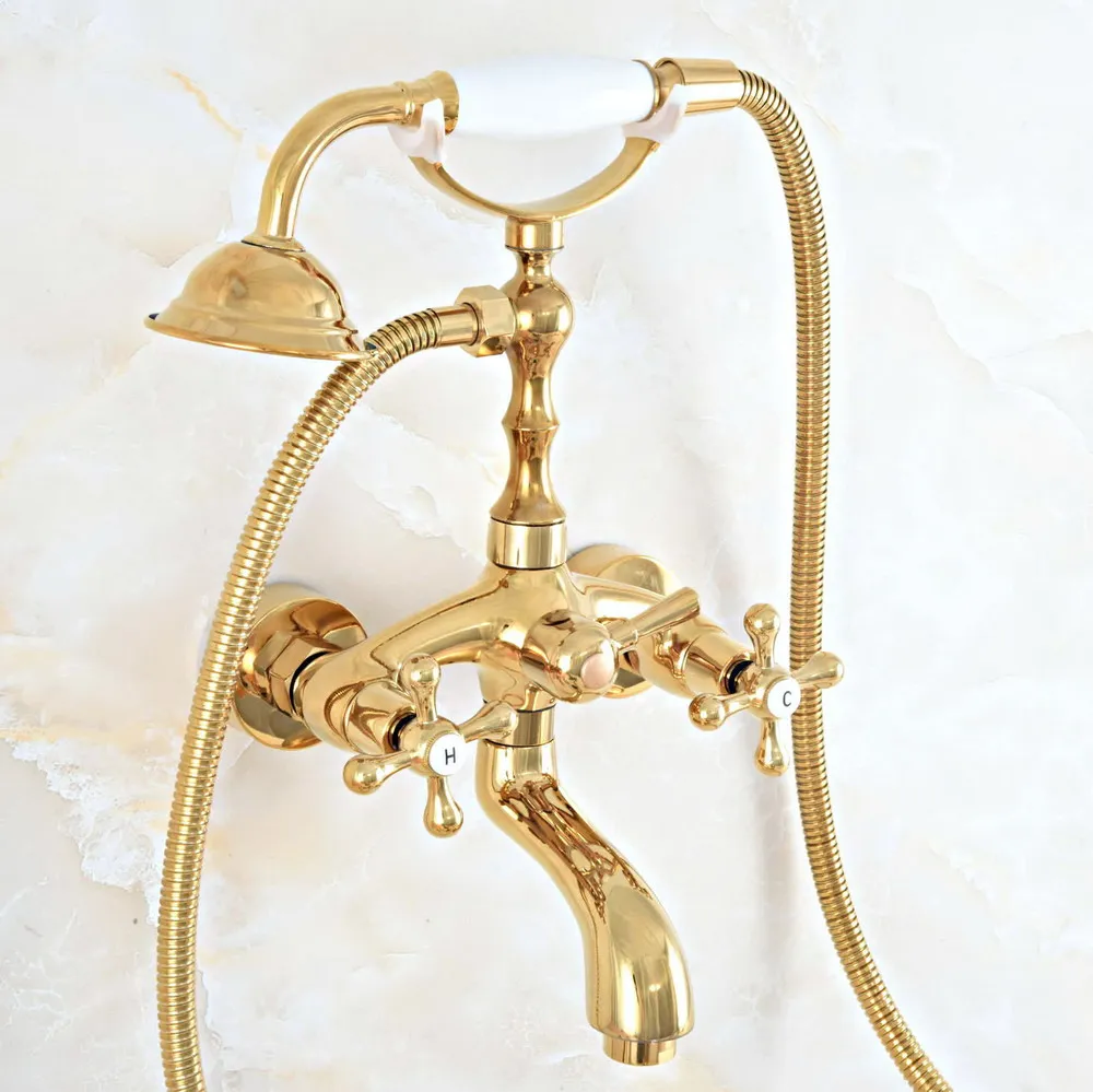 Polished Gold Wall Mounted Bathtub Faucet Telephone Style Bath Shower Faucet Dual Handle Cold and Hot Water Taps zna803