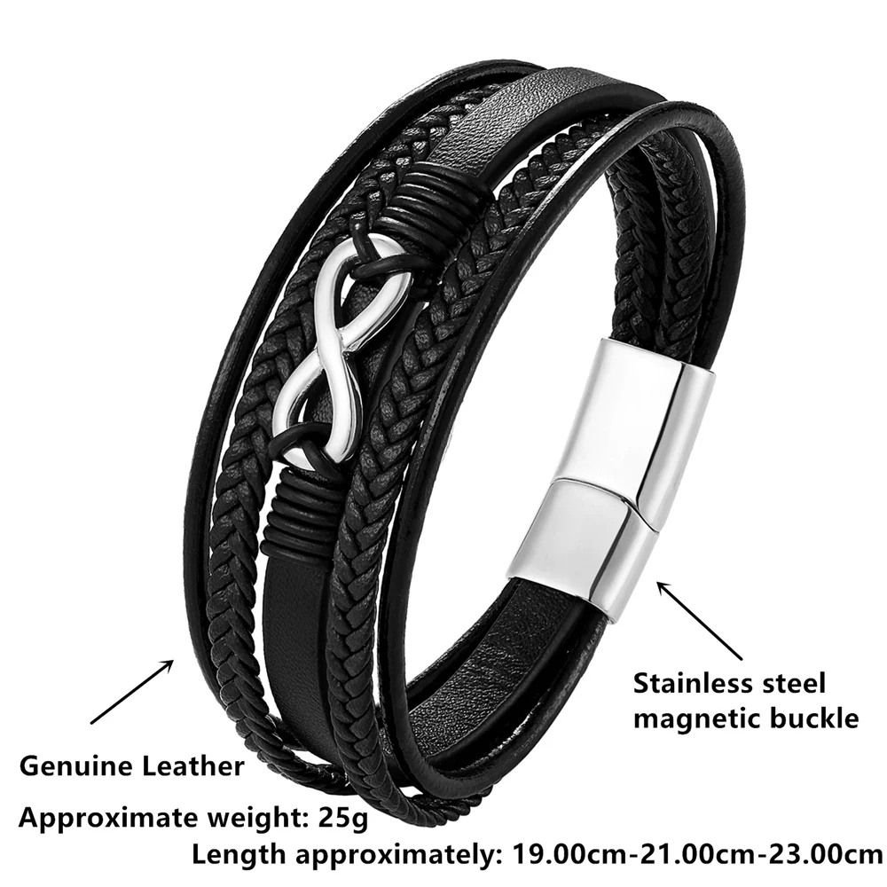 New Multi-Layer Genuine Leather 8 words Bracelet For Men Stainless Steel Magnetic Clasp Fashion Bangles Male Jewelry Pulseira