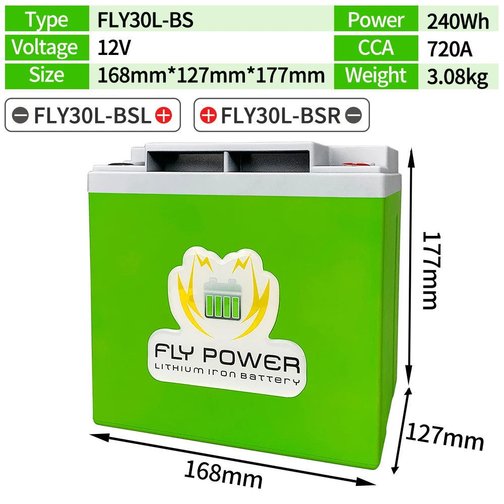 12V Motorcycle LiFePO4 Engine Battery Lithium iron Phosphate Scooter Battery BMS 20Ah CCA720A 240Wh FLY30L-BS For ATVs YTX30L-BS