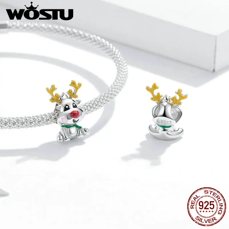 WOSTU 925 Sterling Silver Christmas Tree CZ Beads Santa Claus Charm Snowman Pendant Fit Original Bracelet DIY Festival Gift