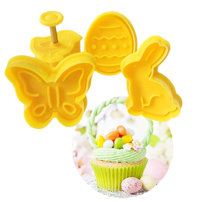 4Pcs/Set Easter Biscuit Cookie Cutter Egg Rabbit Chick Butterfly Plastic Plunger Fondant Pastry Set Mold Decor Baking Tools