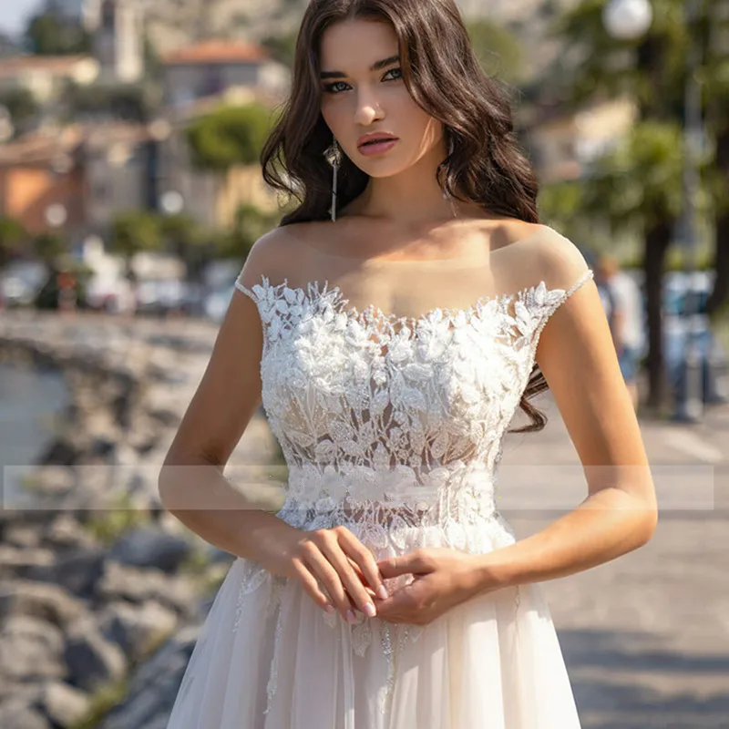 Luxury Elegant O-Neck Wedding Dress 2024 A-Line Lace Appliques Short Sleeve Backless Button Organza Bride Gown Robe De Mariée