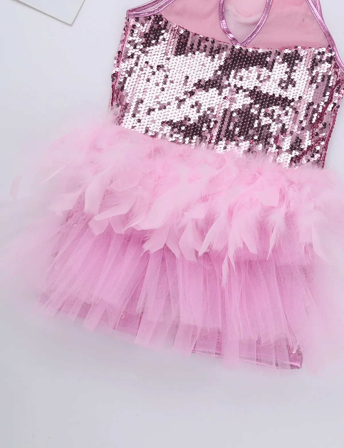 Girls Sequins Feather Jazz Latin Ballet Dance Costume Leotard Jumpsuit Sleeveless Mock Neck Dance Leotards Jazz Costume