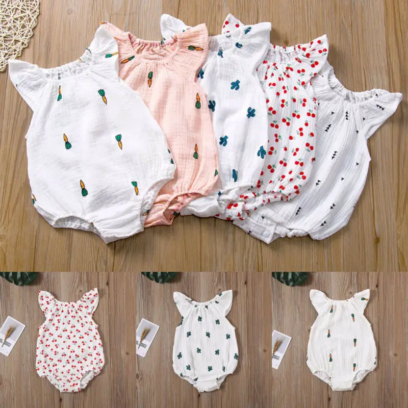 Summer Newborn Baby Girl One-piece Flying Sleeve Bodysuits Jumpsuit Cactus-Radish Print Jumpsuit