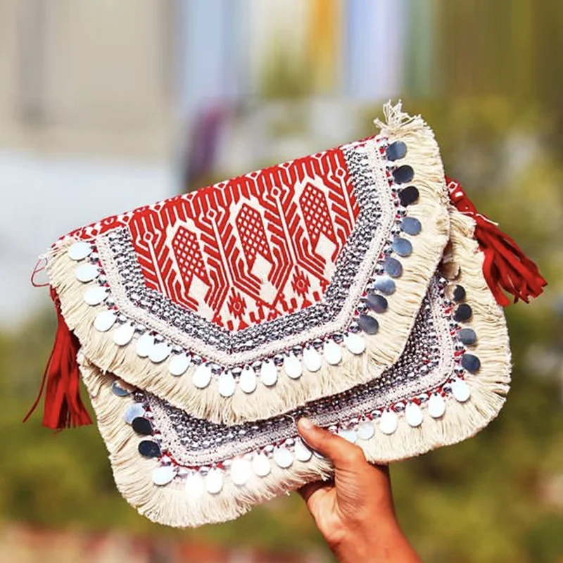 DOYUTIG Indian Design Women\'s Ethnic Embroidery Hobo Bag Lady Bohemia Clutches & Crossbody Bag Vintage Tassel Envelope Bag F849