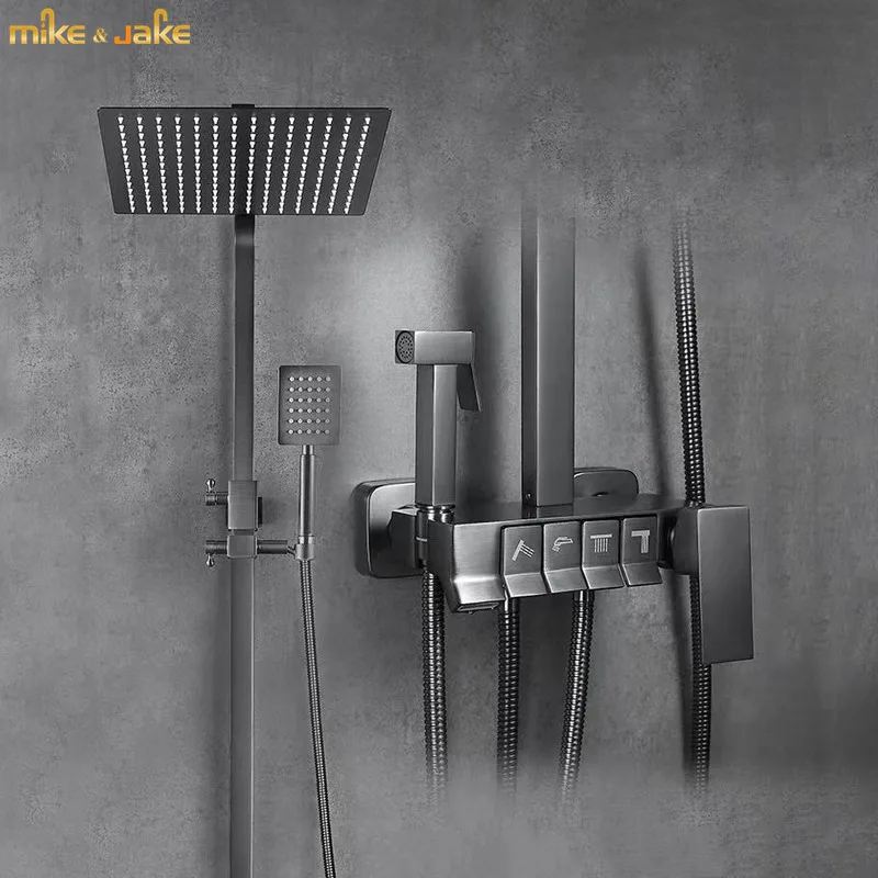 Bathroom gunmetal shower mixer hot and cold four function shower kit set wall gunmetal household rainfall 12 inch shower