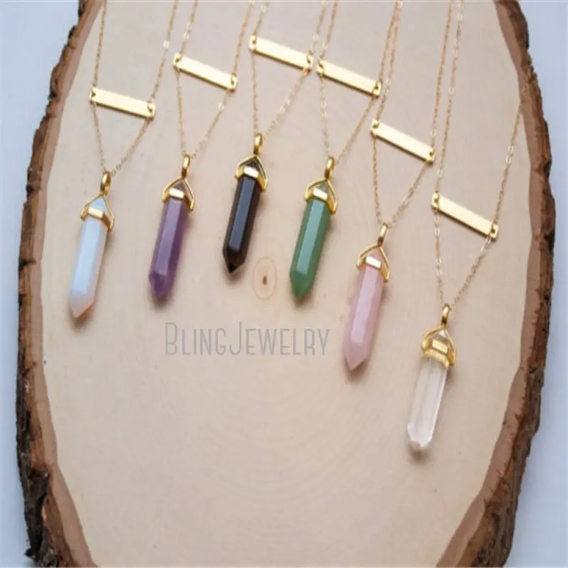 

NM24395 Crystal Amethysts Rose Pink Quartz Point Necklace Opal Double Terminated Bar