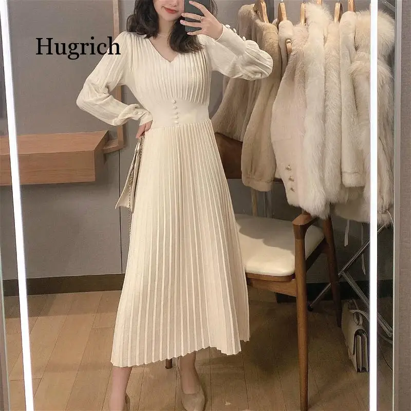 Knitted Dress Women Casual Long Sleeve Vintage Elegant Office Sweater Dress Female 2020 Winter One-Piece Dress Korean Outerwear