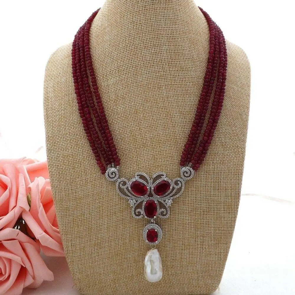 Y·YING 19” 4 Strands4mm  Faceted Rondelle Red Jades Necklace White Keshi Pearl CZ Pave Pendant