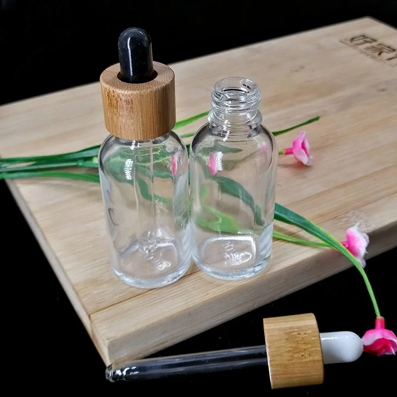 

30Ml Clear Glass Dropper Bottle Cosmetic Skin Care Product Bamboo Cap Wood Grain Cover Essential Oil Essence Packaging Container