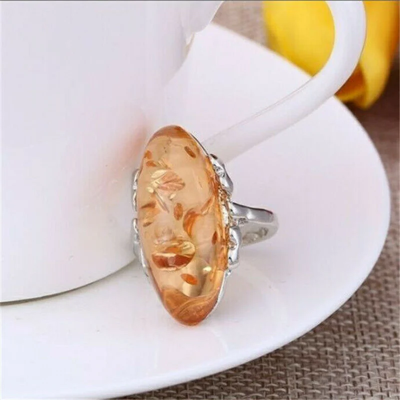 Vintage Oval Amber Stone Retro Rings for Womens Mens Jewelry Ring Size 6-10