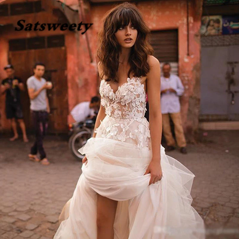 ชุดเจ้าหญิง Sweetheart Appliqued ดอกไม้ A-Line Tulle Backless Boho ชุดแต่งงานจัดส่งฟรีชุดเจ้าสาว